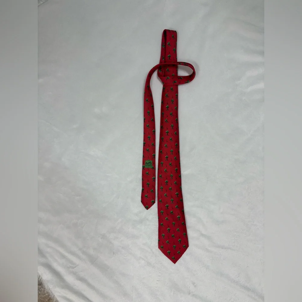 Hermes Red Tie with Green Pattern